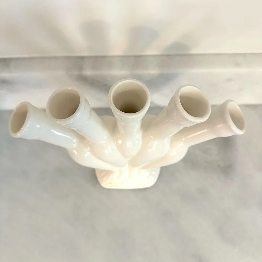 Antique Spode England Five Finger Bud Ceramic Flower Tulip Vase Solid White  9.2